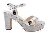 sandalias plateadas tacon ancho y plataforma  Lares - Sandalia Tacon Fiesta de Mujer. Puntera Abierta y Pala Cruzada Vinilo. Color: Plata. Talla: 39