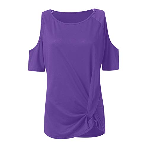 Blusa feminina de ombro vazado, manga curta, gola redonda, blusa casual, Roxa, G