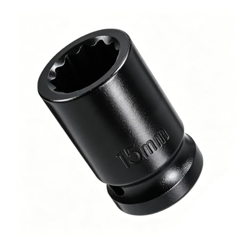 Image of Juttzzei 1/2 Inch Drive 15mm Impact Socket 12-Point, Premium Cr-MO Steel 15mm Shallow Impact Socket Nut Driver Wrench for Auto Repair
