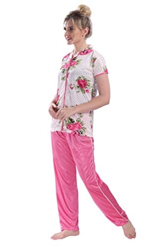 Image of Printed Night Suit for Women - Flower Print Satin Shirt and Pyjama Set (Front Open Collar Night Suit)