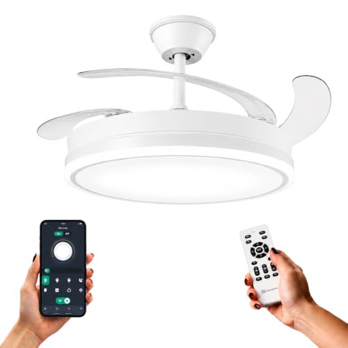 IluminaShop Ventilador de Techo con luz LED White-Olg con Luz CCT Regulable y Control de Intensidad, Motor DC 30W+Luz 36W, Silencioso, 6 Velocidades, 4 Aspas Retráctiles, Temporizador. IS8831