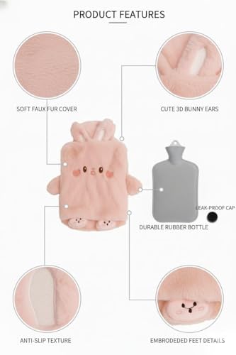 Image of Hot Water Bottle with Cover 2000ml | Hot Water Bags for Pain Relief,Period Cramps | Leakproof Safe and Durable Recyclable Hot Water Bottle Winter for Women,Men (2 Liters,Pink Rabbit)