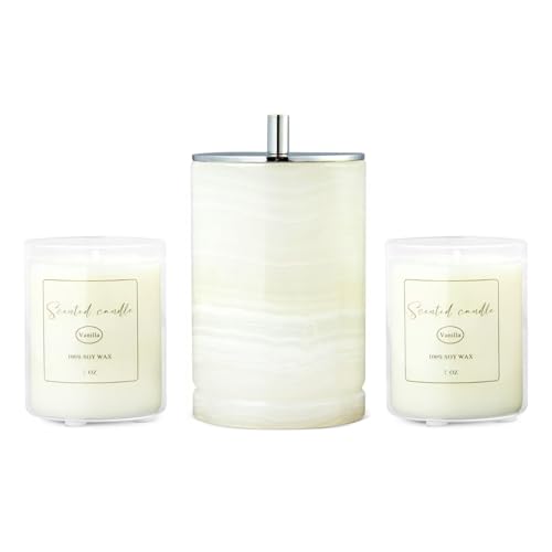 Natural Marble Candle Holder Set with 2 Scented Candles (Lemon & Vanilla) Alabaster Candlestick Holder with Jar Candles for Home Decor Dinning Wedding Party Table Centerpiece