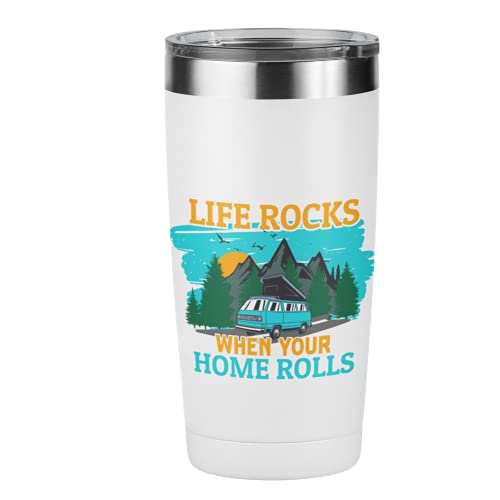 Camping Becher mit Spruch - Geschenk - Life Rocks - when your home rolls - Kaffeetasse - Kissen - Fußmatte - Camping - Zelten - Glamping (Edelstahl Trinkbecher, 420 ml) Cover