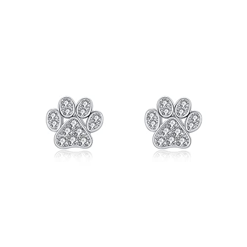 CZ Puppy Dog Cat Paw Print Stud Earrings 925 Sterling Silver Crystal Pet Animal Tiny Studs Cartilage Tragus Earrings Piercing Post Cute Jewelry Gifts for Women