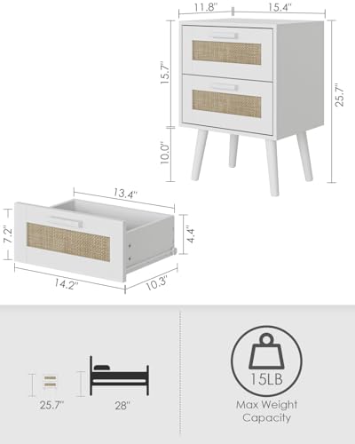 Image of Masupu Rattan Night Stand, Modern nightstand Boho Bedside Table with 2 Drawer, Small End Side Table for Bedroom,Living Room,Office,White