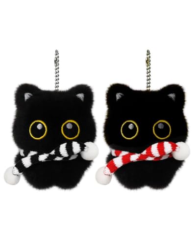 WUNZILO 2 Piezas Llavero de Gato Negro de Peluche con Bufanda, llavero peluche, llavero de peluche, Adorno de Bolso Kawaii, Llavero Gato para Mochila y Bolso, Regalo para Amantes de los Gatos