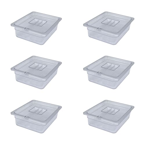 AcMax Set di 6 contenitori per gas GN 1/2 in policarbonato, 6,5 litri, profondità 100 mm, coperchio con intaglio e scolapiatti