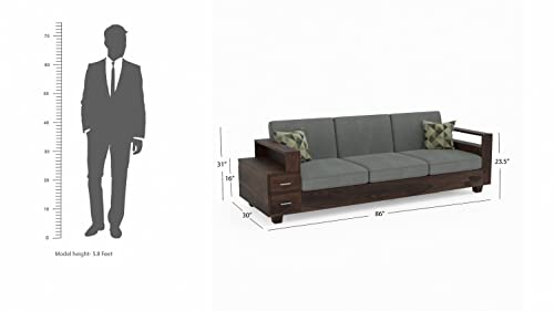Image of Solid Sheesham Wood Sofa Set 3 Seater, Three Seater Sofa Set, Sofa Sets for Living Room with Attached End Table, 2 Drawer Storage, Rosewood, Walnut Finish