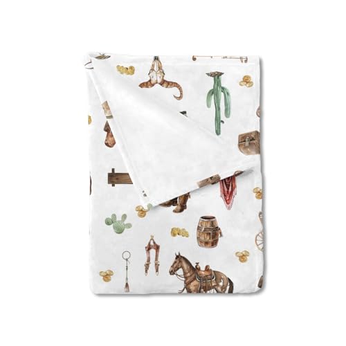 Image of Western Cowboy Baby Blanket for Boys Cowboy Hat Boots Coins Cactus Horse Flannel Swaddle Blanket Soft Receiving Blankets Newborn Toddler Nursery Bed Blankets Stroller Crib Playmat 30x40