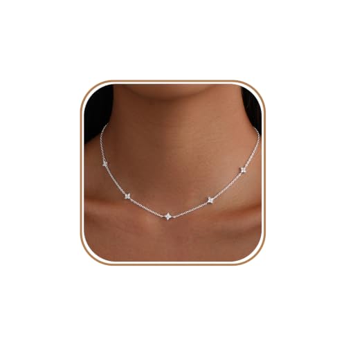 Bykuvo Dainty Silver Necklaces for Women Clover CZ Station Choker Jewelry