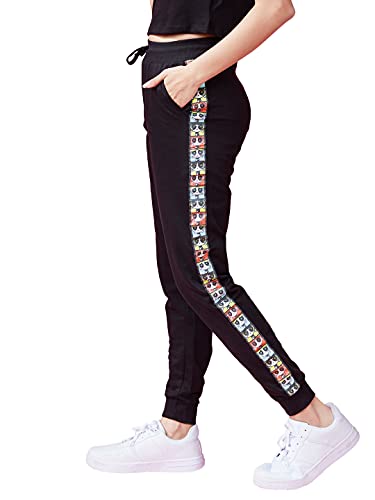 Image of The Souled Store Official Powerpuff Girls: The Trio Womens and Girls Striped Cotton Joggers Black