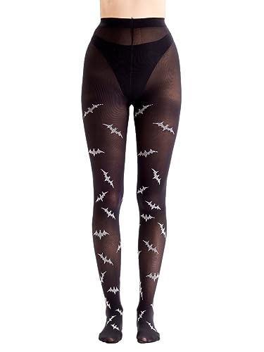 Image of Pretty Polly Women's Halloween Bat Design Tights - halloween novelty tight with white allover bats, sheer black, Black (Black Mix), One Size