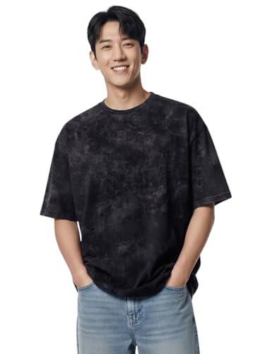 Image of LEOTUDE Acid wash Oversized Tshirt Men Drop Shoulder Half Sleeves Round Neck Solid Pure 100% Cotton T-Shirts for Men (Color:Black)