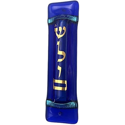 Shalom Art Glass Mezuzah, Gift Boxed with Non Kosher Scroll Included - Handmade in USA (Midnight Blue) Cover