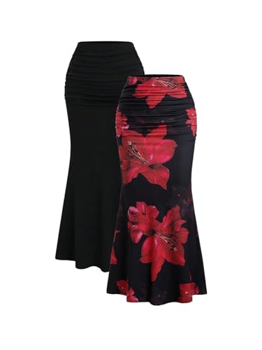 SOLY HUX Women's Elegant Bodycon Maxi Skirt 2 Packs High Waisted Floral Fishtail Summer Party Cocktail Skirts