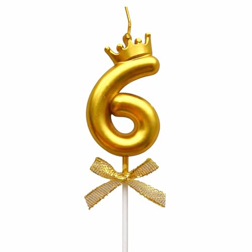 Image of Rozi Decoration Number 6 Birthday Candle for Cake with Crown Design | Gold Metallic Number Candle with Stick | Sixth Birthday Cake Topper for Baby, Kids and Party Celebration