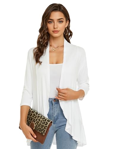 Image of YnimioAOX Women's Cardigan Lightweight Open Front 3 /4 Sleeves Draped Ruffles Knit Cardigan Sweaters