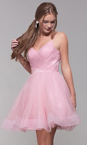 Short V-Neck Tulle Homecoming Dresses Sparkly for Teens Spaghetti Straps Cocktail Dresses WD0393