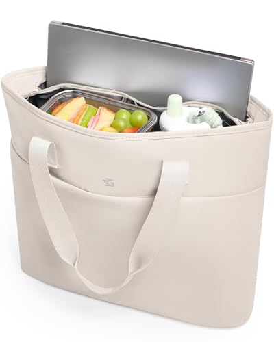 2-in-1 Cooler Bags Insulated for Women, Insulated Tote with 15.6 Inch Laptop Compartment, Large Capacity Computer Handbag for Work, Nurse, Office, Outdoor, Beach,Gym (Beige)
