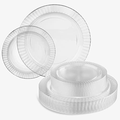Perfect Settings 50 Piece (25 Sets) Premium Clear Plastic Plates (25 x 10 Inch Dinner / 25 x 7 Inch Salad) Heavy Duty Elegant Disposable Dinnerware Plates (Clear Textured Edge)