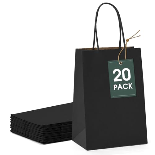 GSSUSA Kraft Paper Gift Bags 5.25x3.75x8 20 Pcs Black Paper Bags with Handles Bulk Kraft Gift Bag for Shopping Craft Grocery Party Retail Lunch Business Wedding Merchandise Boutique