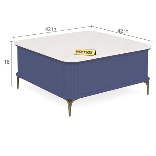 Image of WOODEN SPACE Premium Solo Marble-Top Wooden Center Table for Living Room | Iron Legs | PVD Coating | Modern Entryway Furniture | Coffee Table (Light Blue, 42x42x18 Inch)