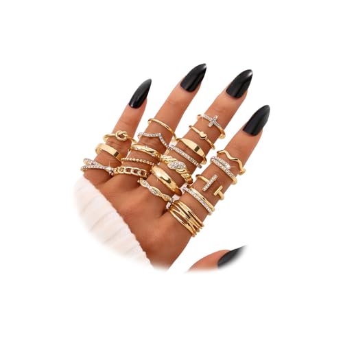 KISS WIFE Gold Silver Black Kunckle Rings Set for Women , Dainty Simple Trendy Cute Stackable Finger Rings Pack, Perfect for Stacking Layering on Thumb and Knuckle, Mixed Size, Jewelry Gift (Gold-Sparkling)