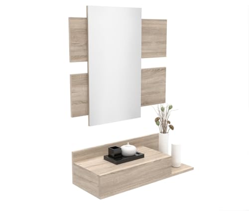 DORMIDAN- Recibidor con Espejo MOD2, Mueble de Entrada, cajón y balda en Dos Alturas (Roble)