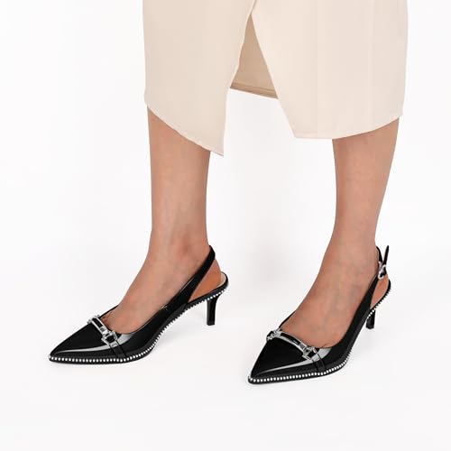AUMOTED Womens Beaded Pumps Trendy Stiletto Low Heels Pointed Toe Slingback Strap with Adjustabe for Casual Work Daily Patent Leather Black US Size 103