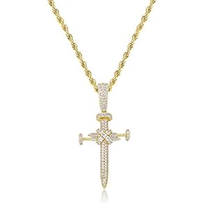 JINAO Hip Hop Iced Out CZ Nail Cross Necklace 18K Gold Plated Simulated Diamond Pendant for Men