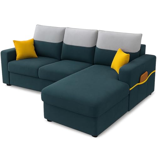 Image of Furny Tokiaa 4 Seater Fabric RHS L Shape Sofa Set (Greenish Teal) | Soft Velvet Fabric | Modern Design | Comfortable Seating | Living Room Furniture
