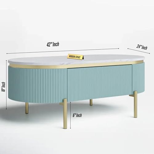 Image of WOODEN SPACE Premium Marble-Top Center Table with Iron Legs | PVD Coated Modern Coffee Table for Living Room & Entryway | 42x24x18 Inches (Sky Blue)
