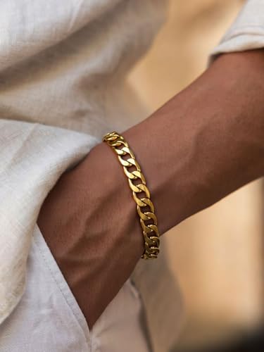 Image of Stainless Steel Cuban Link Bracelet for Men, Figaro Bracelet with Gift Box | Waterproof Daily Wear Bracelet, Durable Lobster Clasp, 6 /8 /9 /13mm Hypoallergenic&Non Tarnish, Silver /18K Gold Plated /Black