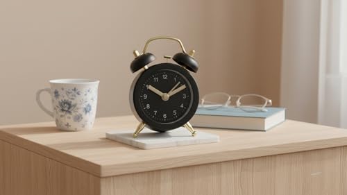 Image of Dreamy Retro Metal Body Cute Small Mini Twin Bell Shaped Alarm Clock with Soft Alaram Sound for Gift, Kids, Students (smol-Black)