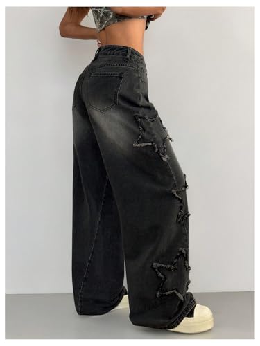 WDIRARA Women's Star Baggy Jeans Raw Trim Wide Leg Denim Pants Grunge Punk Streetwear3