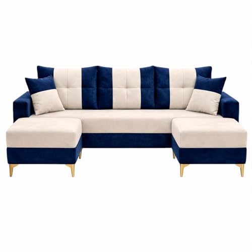 Image of Cavishq 5 Seater L Shape Sofa Set with 2 Movable Ottomans | Flexible Layout | Luxury Velvet Suede Fabric | Modern Living Room Sofa | Dark Blue-Cream