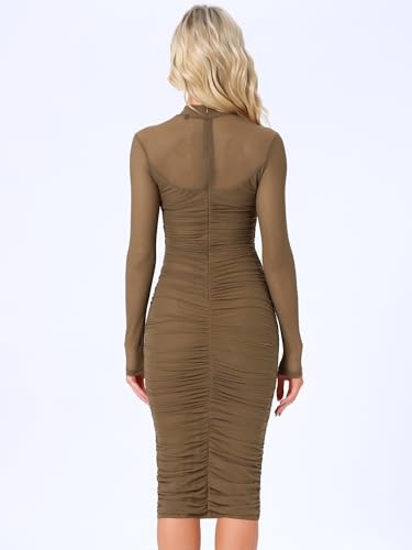 Image of Allegra K Mesh Dress for Women Long Sleeve Mock Neck Ruched Bodycon Dresses