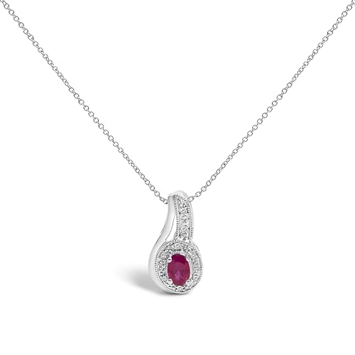.925 Sterling Silver Red Ruby and Diamond Accent Milgrain Swirl Pendant Necklace - 18" Inches