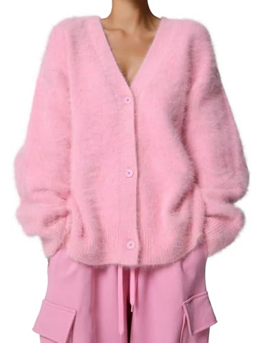 Image of COZYPOIN Womens Fuzzy Cardigan Sweater V Neck Button Down Soft Knit Coat | Loose, Comfy, Slouchy Drop Shoulder, Long Sleeve Fluffy Mohair, Warm, For Daily Work Holiday, Spring Fall Winter Fashion
