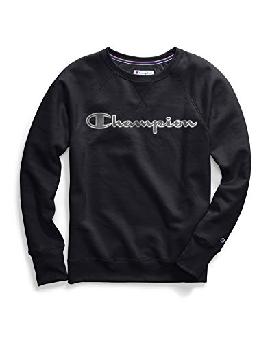 Champion Women's Powerblend Boyfriend Crew Sweatshirt, Black - Applique, Large