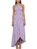 Vestido largo plisado con volantes para mujer, vestido largo de gasa sin mangas, cuello halter, vestido largo escalonado para boda, invitada de boda, fiesta, formal, Morado (, L