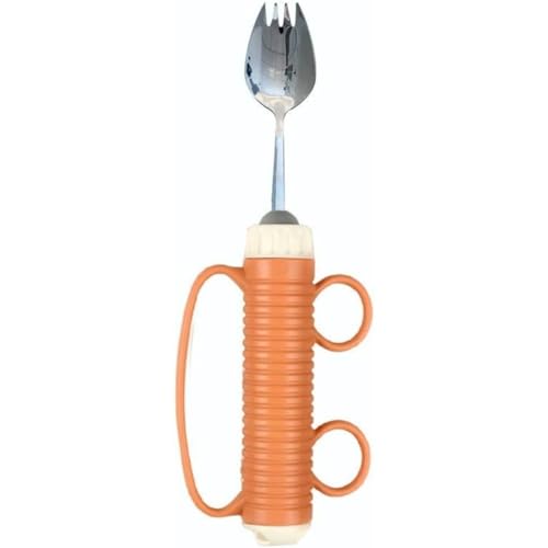 KuBen 高齢者用食器 自助食器 手震えの方にも安心の滑り止めハンドル オレンジ 介護用食器 セット (フォークとスプーンが一体になった)