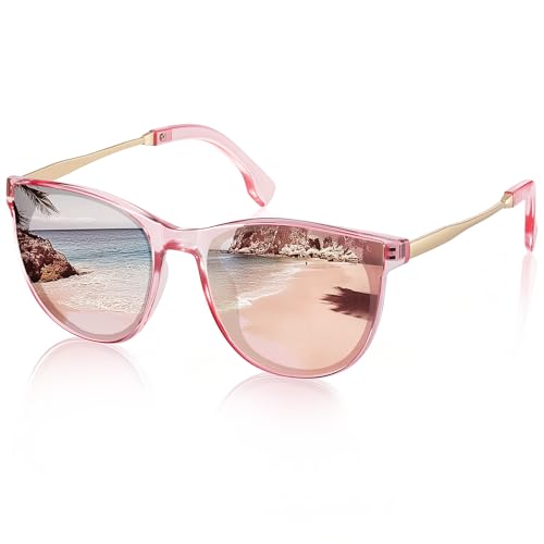 Gesruny Sonnenbrille Damen Polarisiert UV400 Schutz Runde Retro Classic Trendy Brille Groß Polarisierte Ultraleicht Vintage Sonnenbrillen für Damen-Rosa