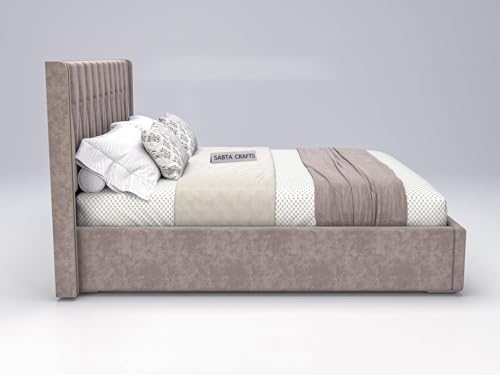 Image of Modern Upholstered King Size Bed with Box Storage for Bedroom | Wooden Double Bed with Storage | Platform Cot Bed with Upholstery Premium Fabric | Sheesham Solid Wood, (Brown), 6.5 x 6 Ft
