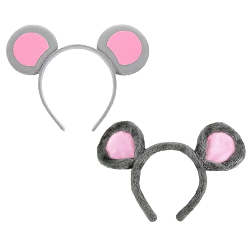 2 Stück Mausohren Haarreifen für Damen und Kinder Plüsch Maus Ohren Stirnband Grau Tierohren Haarreif Set als Maus Kostüm Accessoire für Karneval Fasching Halloween Party und Cosplay Verkleidung