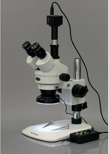 Image of AmScope SM-1TNZ-144A-5M Digital Professional Trinocular Stereo Zoom Microscope, WH10x Eyepieces, 3.5X-90X Magnification, 0.7X-4.5X Zoom Objective, Four-Zone LED Ring Light, Pillar Stand, 110V-240V, Includes 0.5X and 2.0X Barlow Lenses and 5MP Camera with Reduction Lens and Software