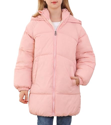 UNIFACO Girls Puffer Jackets Pink Long Winter Coats Windproof Waterproof Jackets Zipper Hooded Coats with Pockets 7-8Y