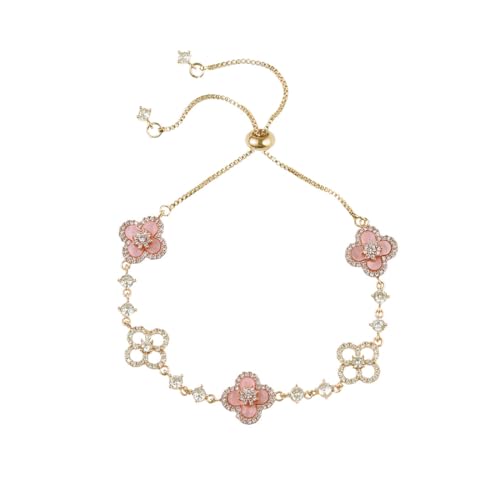 Gkaopi Bracelet for Women Girls 925 Sterling Silver Four Leaf Clover Bracelets Shiny Cubic Zirconia Adjustable Bracelet Dainty Lucky Leaf Jewellery Gifts (Gold One Size)