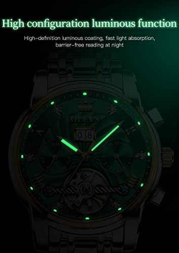 Image of OLEVS Men Automatic Watch Skeleton 5 Hands Mechanical Green Classic Luxury Multi Calendar Stainless Steel Waterproof Wrist Watch for Men.